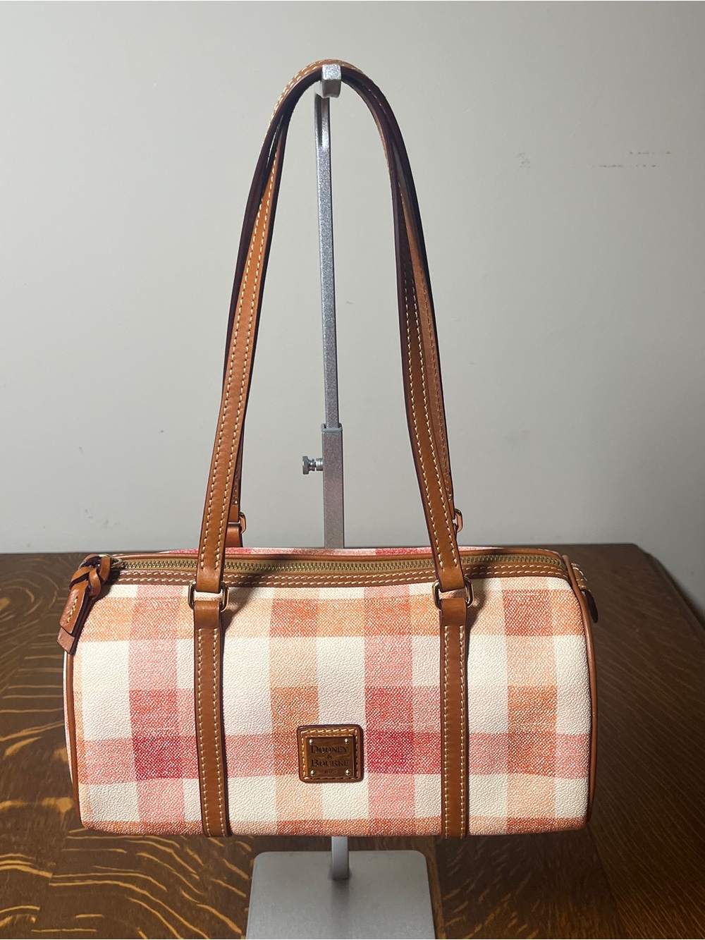 NWOT Dooney & Bourke Pink, White, and Tan Quadretto Check Barrel Shoulder Bag